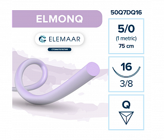 Elemaar ELMONQ 5/0 - шовный материал, 75 см, 3/8, 16 мм, обратно-режущая, 12 шт.