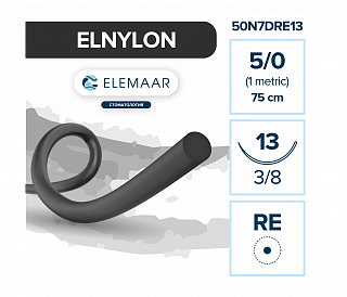 Elemaar ELNYLON 5/0 - шовный материал, 75 см, 3/8, 13 мм, колющая игла с квадратным телом, 12 шт.