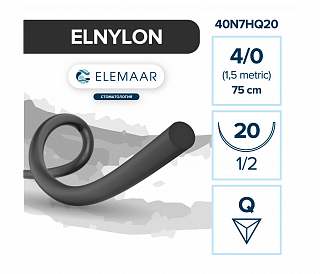 Elemaar ELNYLON 4/0 - шовный материал, 75 см, 1/2, 20 мм, обратно-режущая, 12 шт.