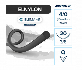 Elemaar ELNYLON 4/0 - шовный материал, 75 см, 3/8, 20 мм, обратно-режущая, 12 шт.