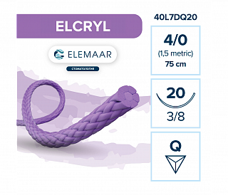 Elemaar ELCRYL 4/0 - шовный материал, 75 см, 3/8, 20 мм, обратно-режущая, 12 шт.